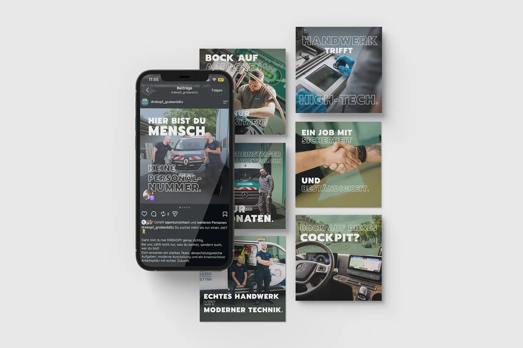 Smartphone mit Instagram-Post „Hier bist du Mensch, keine Personalnummer“ und sechs Recruiting-Posts von Drekopf wie „Handwerk trifft High-Tech“ und „Bock auf dieses Cockpit?“
