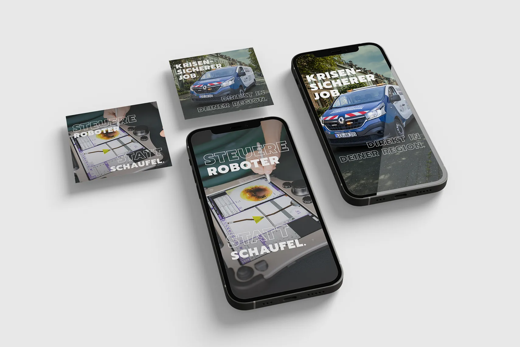 Social-Media-Anzeigen der Drekopf-Recruiting-Kampagne auf Smartphones mit den Motiven „Steuere Roboter statt Schaufel“ und „Krisensicherer Job direkt in deiner Region“