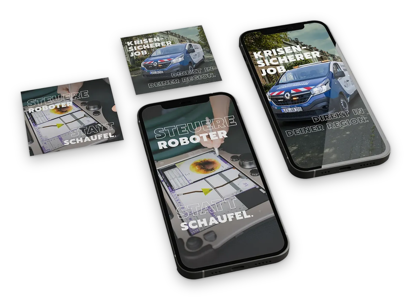 Recruiting-Kampagne für Drekopf mit Instagram-Feed auf dem Smartphone und Social-Media-Posts zu Handwerk, Technik und sicheren Jobs